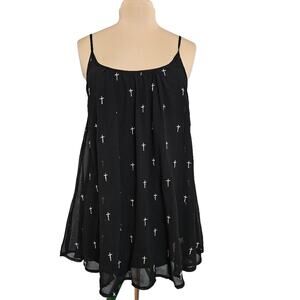Reverse Swing Dress Lagenlook Medium Black Embroidered Cross Print Mini Gothcore